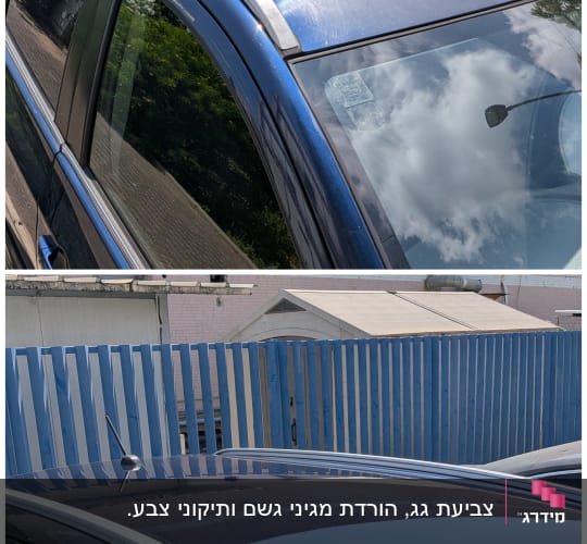 גג רכב כחול עם פסי מתכת בחניה